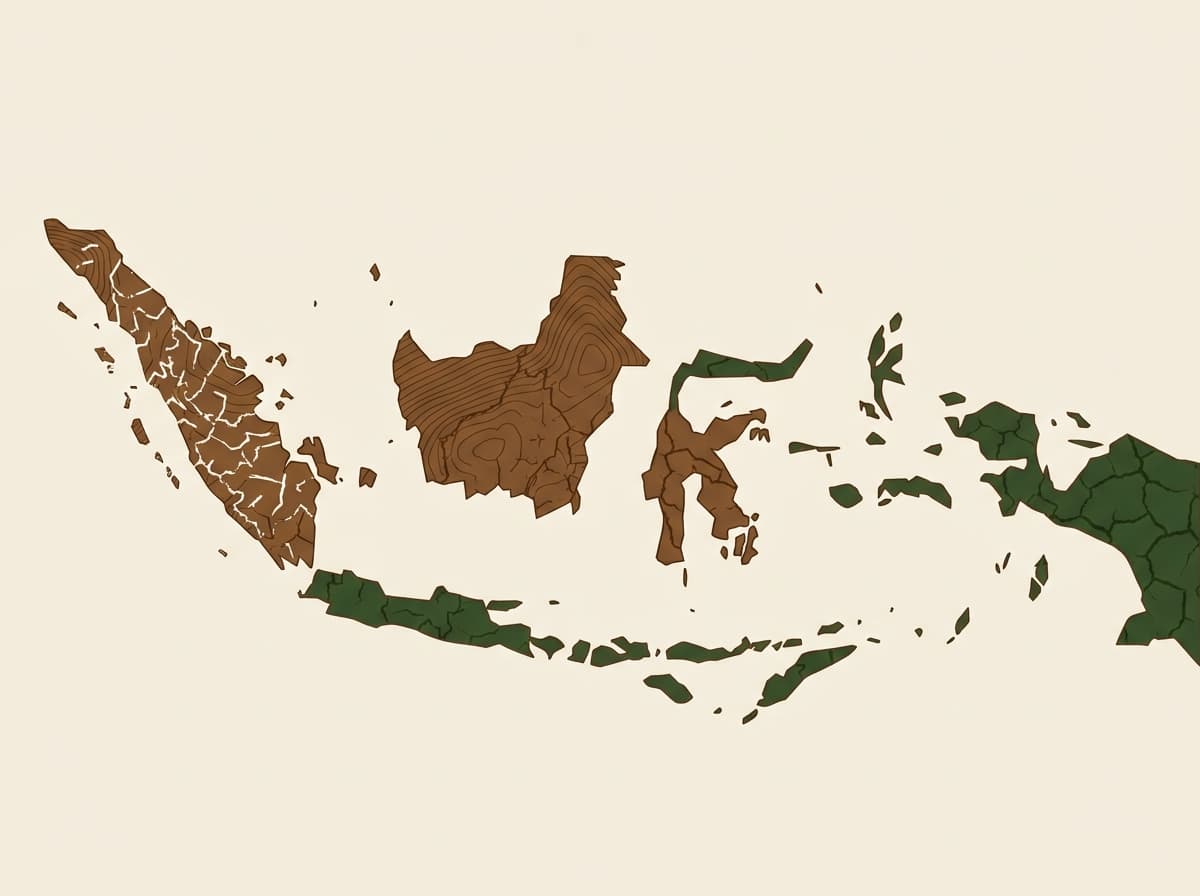 Stylised map of Indonesia showing degraded land areas across Sumatra, Kalimantan, Sulawesi, and Papua