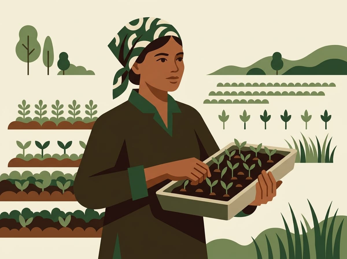 A rural Indonesian woman in a headscarf holding a tray of seedlings in a nursery, with rows of vegetation and hills in the background